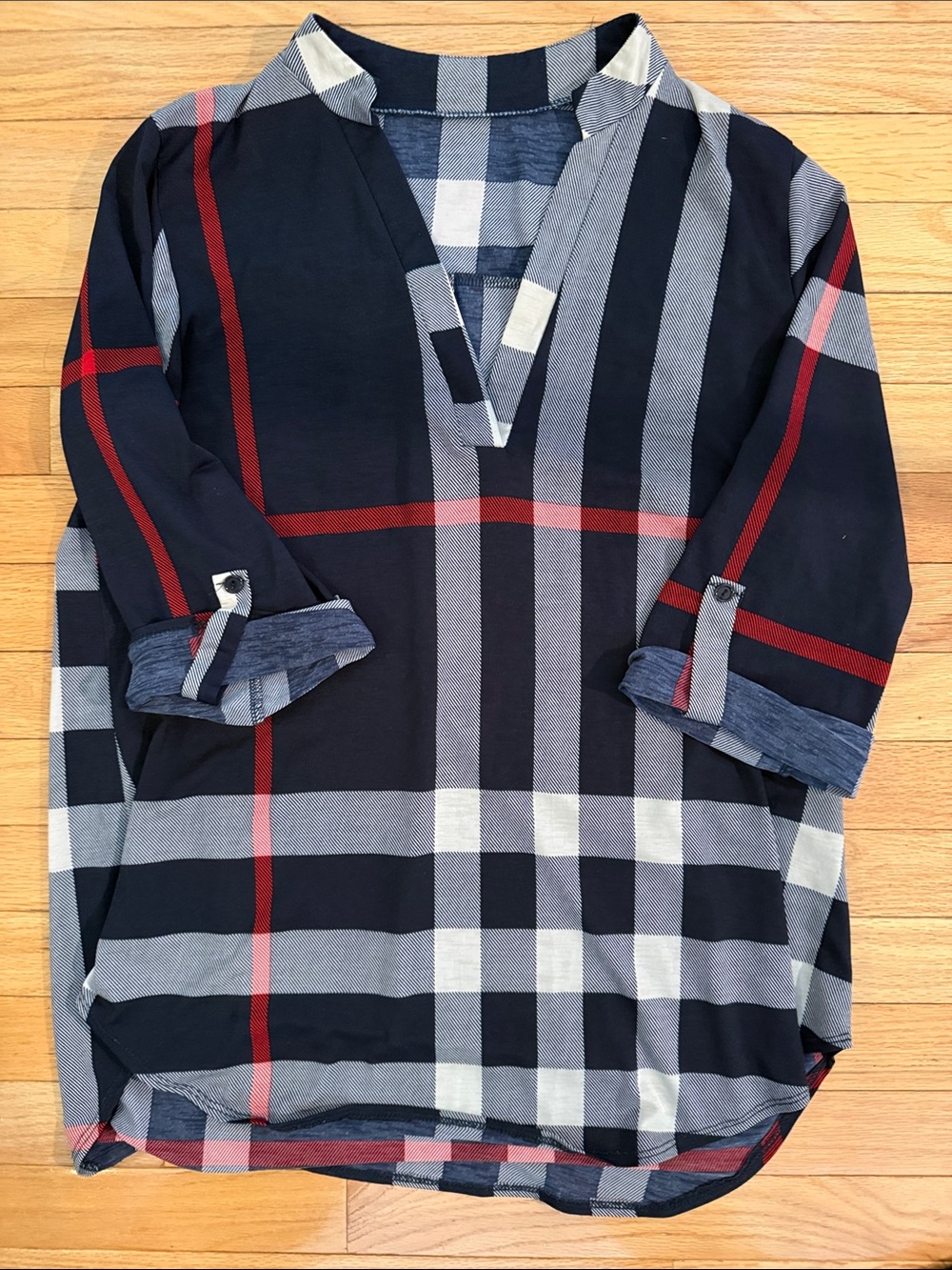 Women’s Navy, Red and White Plaid V-Neck Shirt